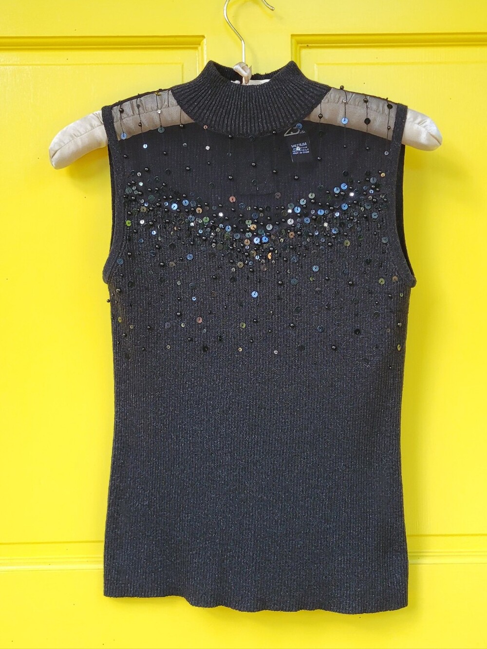 23rd St Black Beaded Sequin Mock Neck Sleeveless Sweater Top Medium Holiday Glam